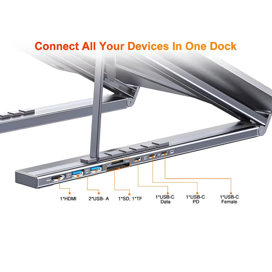 Whizzhop™ Aluminium 8 in 1 USB C Dock Laptop Stand Foldable with Docking Station Hub
