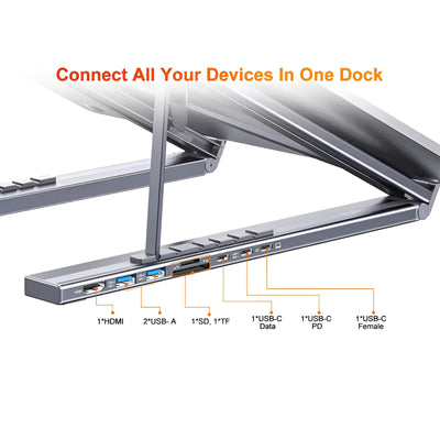 Whizzhop™ Aluminium 8 in 1 USB C Dock Laptop Stand Foldable with Docking Station Hub