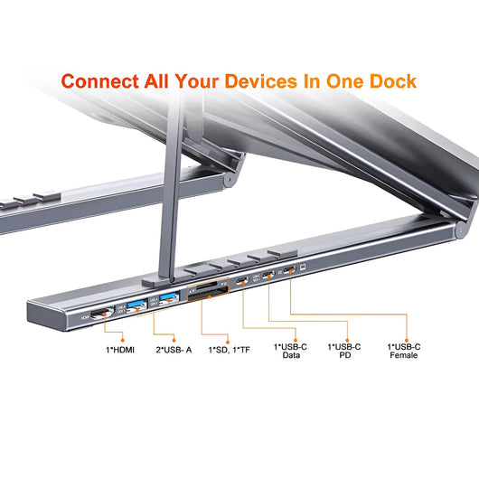 Whizzhop™ Aluminium 8 in 1 USB C Dock Laptop Stand Foldable with Docking Station Hub