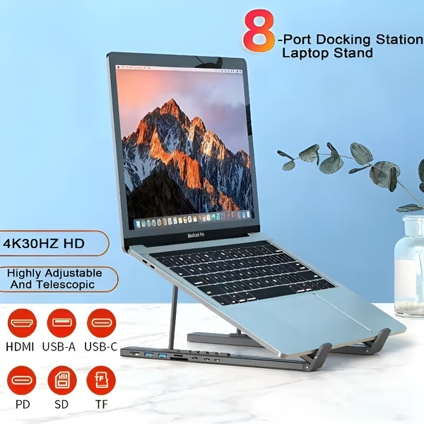 Whizzhop™ Aluminium 8 in 1 USB C Dock Laptop Stand Foldable with Docking Station Hub