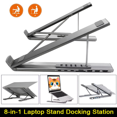 Whizzhop™ Aluminium 8 in 1 USB C Dock Laptop Stand Foldable with Docking Station Hub