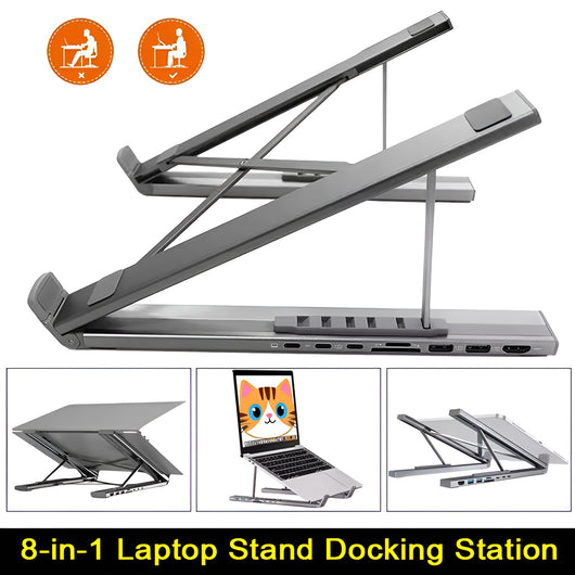 Whizzhop™ Aluminium 8 in 1 USB C Dock Laptop Stand Foldable with Docking Station Hub